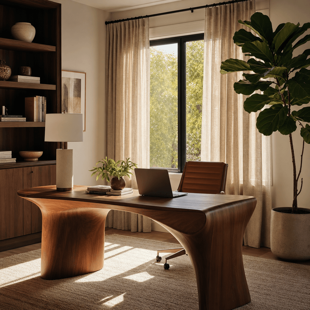 Modern home office with soft gray natural linen curtains, sculptural wooden desk with organic curves, tall fiddle leaf f