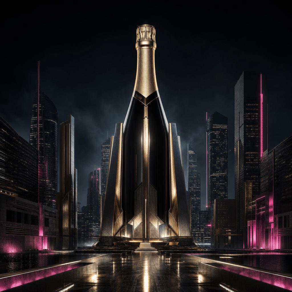 A champagne bottle standing as the centerpiece of a futuristic financial district, black glass and gold foil integrated 