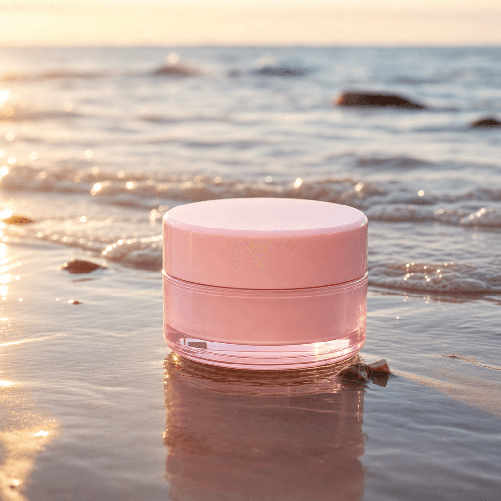 Pastel pink cosmetic jar placed on wet reflective sand at low tide, shallow ocean waves diffused softly in the backgroun