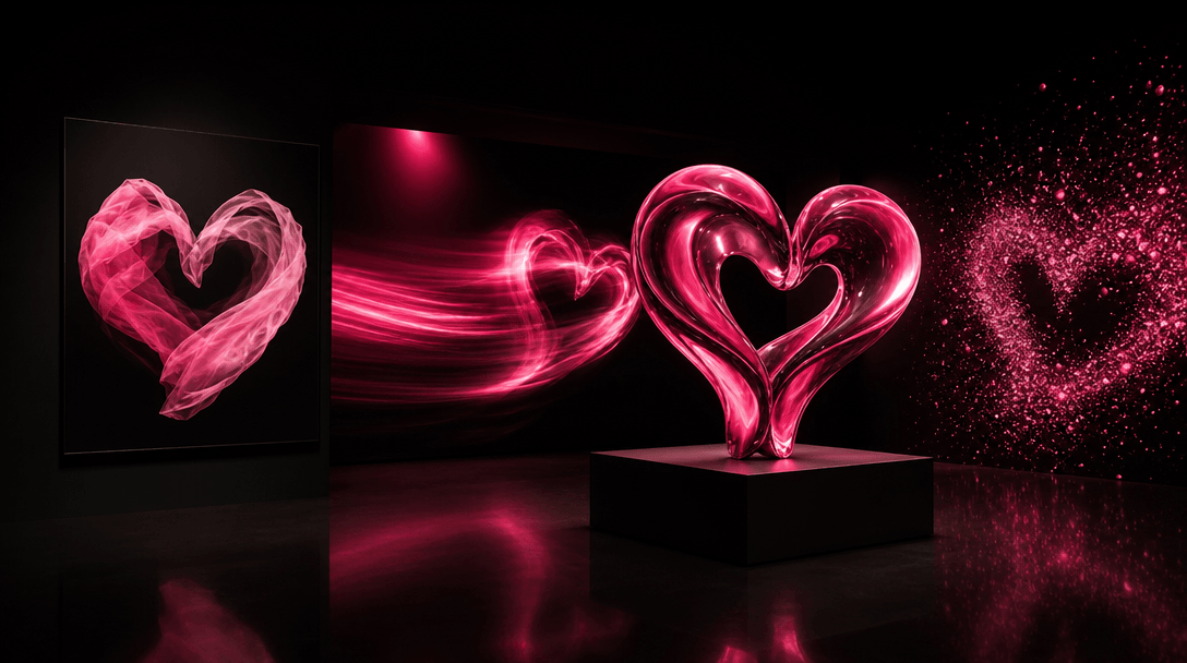 One flowing silk heart interpreted as a still photograph, a cinematic motion trail, a sculptural object and luminous par
