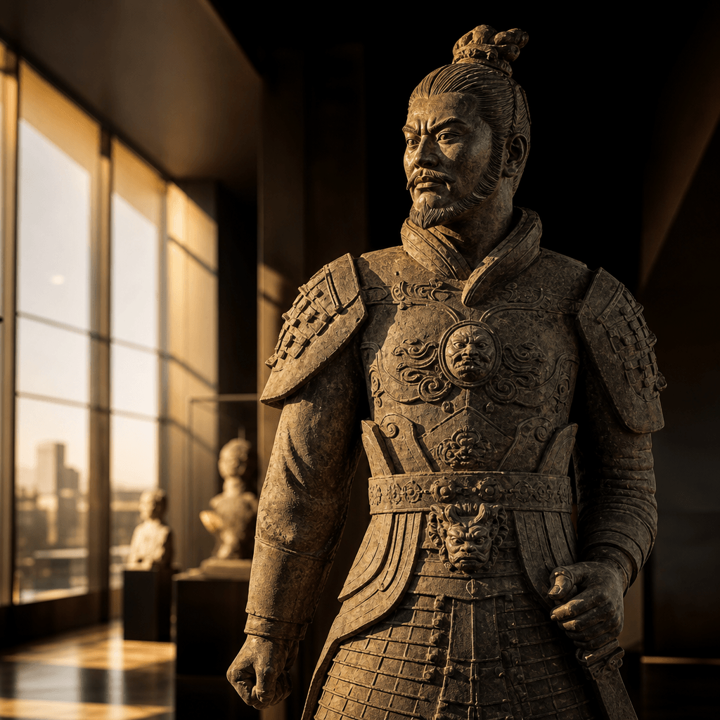 Stone warrior statue with dramatic side lighting, cinematic museum setting, golden hour light effects, professional scul