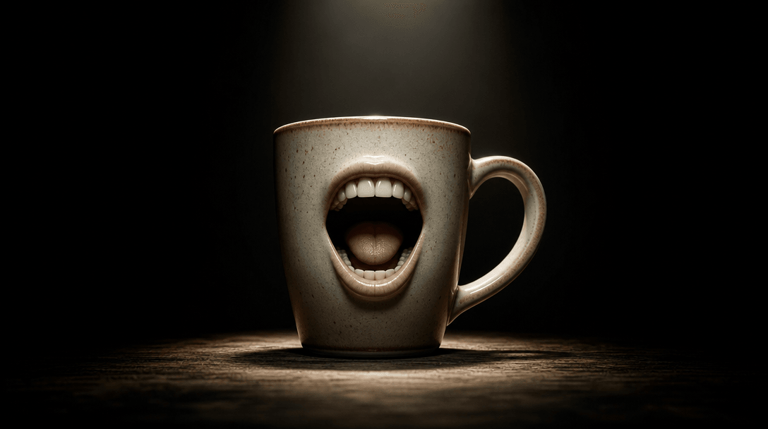 A ceramic coffee mug caught mid-speech in a cinematic wide editorial frame, animated mouth at peak open expression, dram