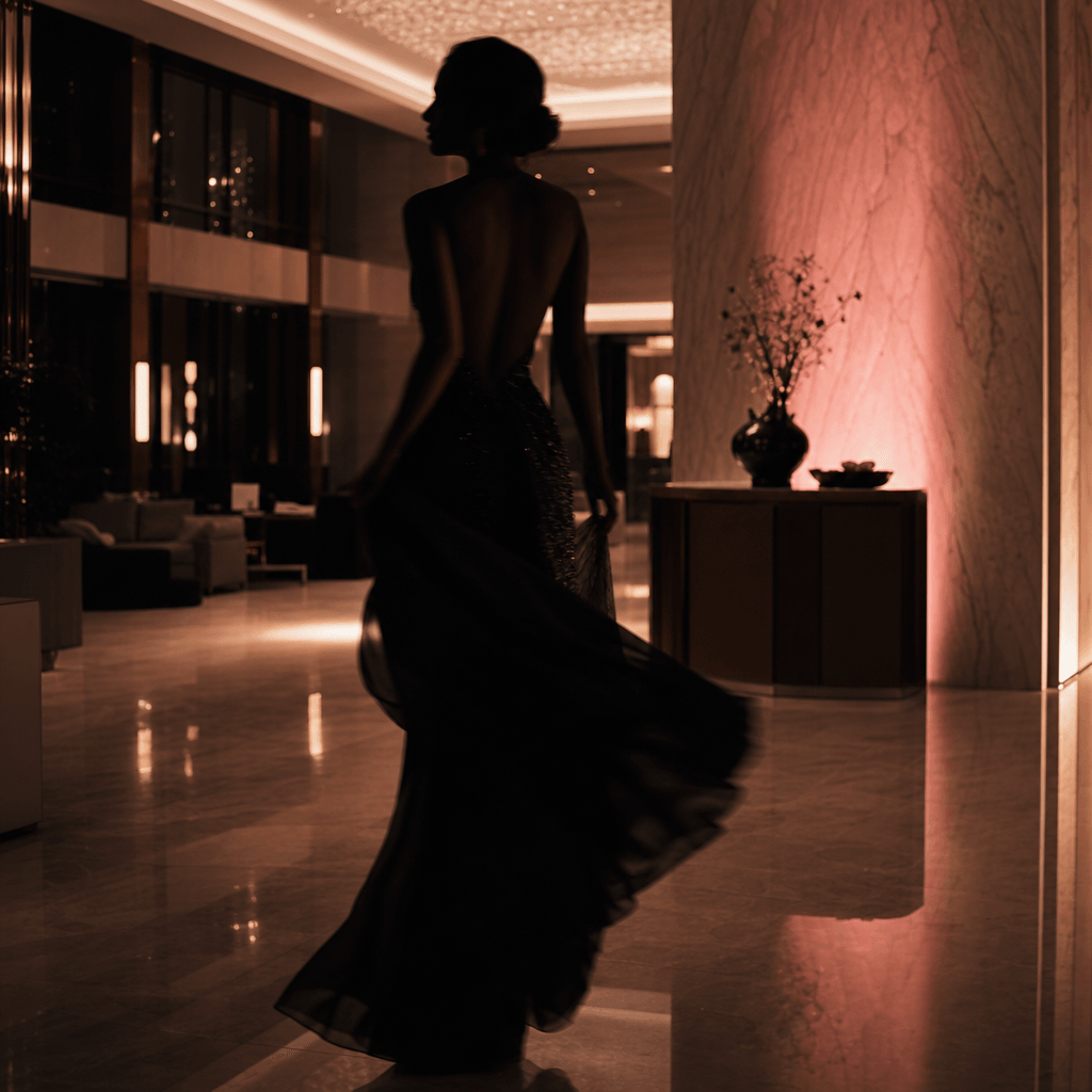 Evening dress revealed as a dark silhouette moves through the foreground of a modern hotel lobby, polished stone reflect