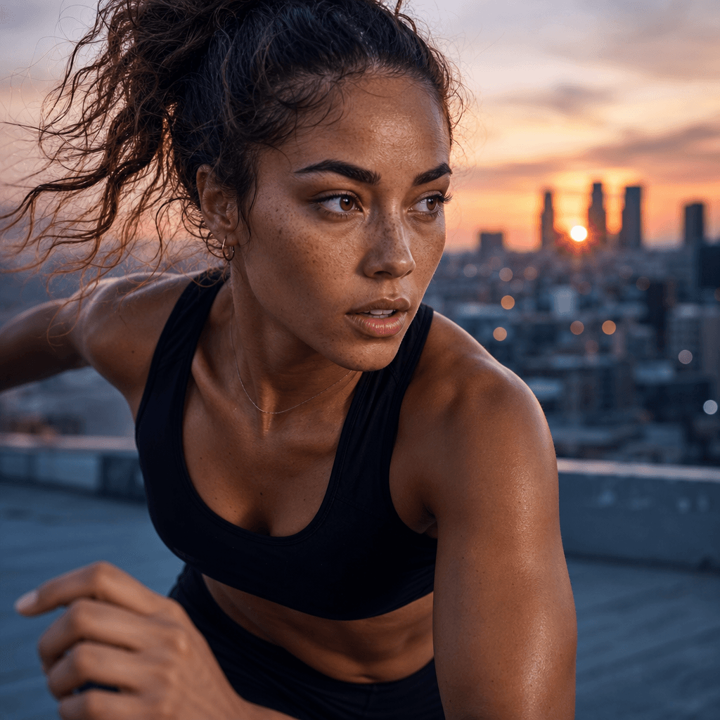 A close-up portrait of an athlete on a rooftop, with the city skyline at sunset in the background. The subject is in mot