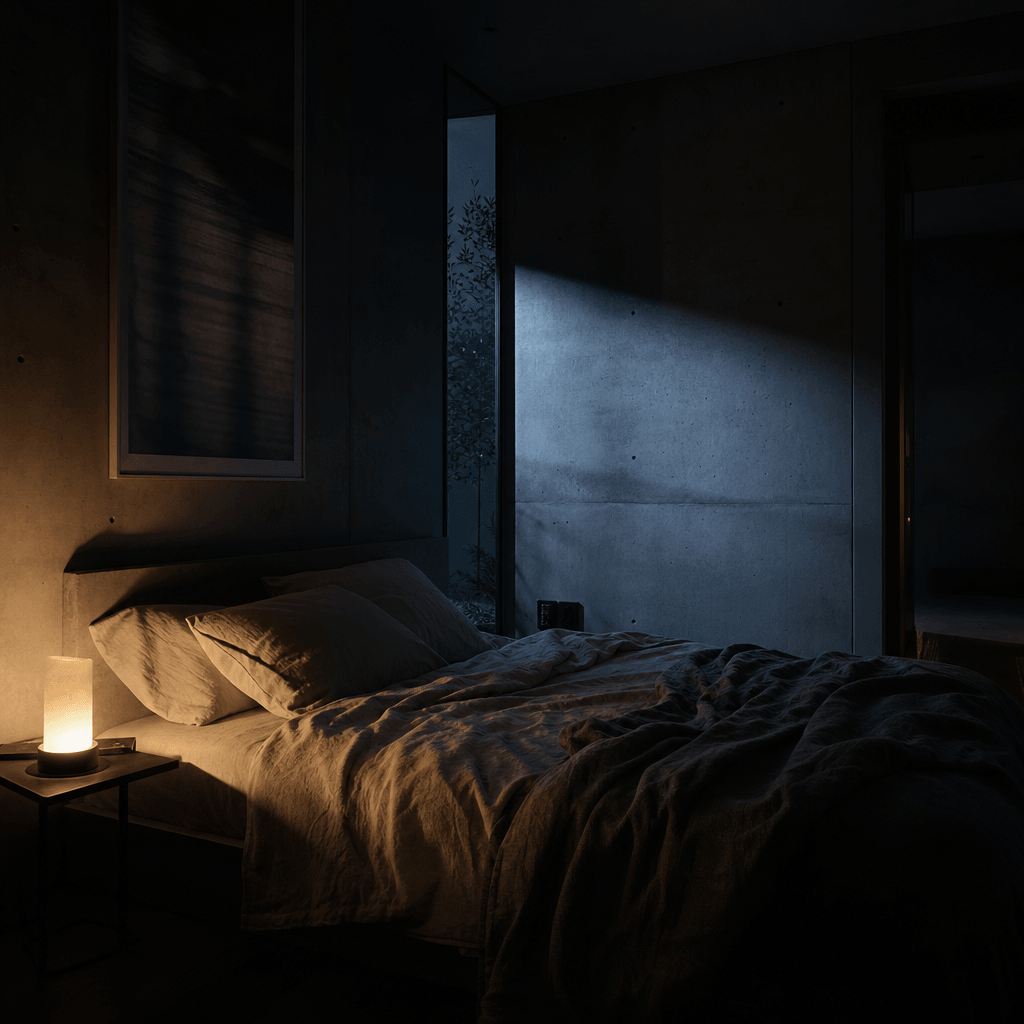 A minimalist bedroom interior at blue hour. Soft warm side-lamp glow falls across rumpled linen bedding. Cool moonlight 
