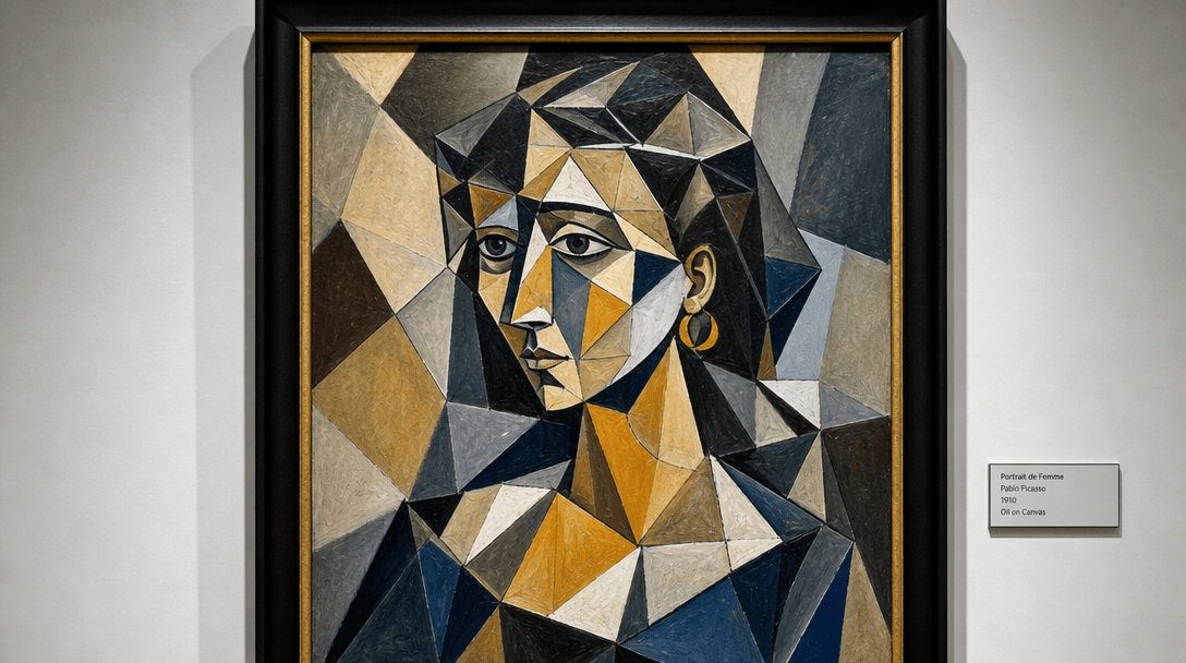 High-resolution cubist portrait displayed in professional frame on gallery wall, studio lighting, sharp focus on geometr