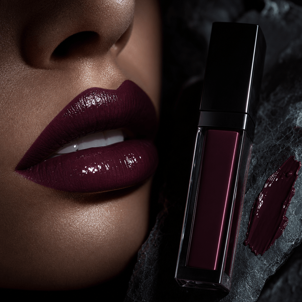 Square avant-garde beauty close-up of lacquered plum lips beside an unbranded liquid lip product, with a small controlle