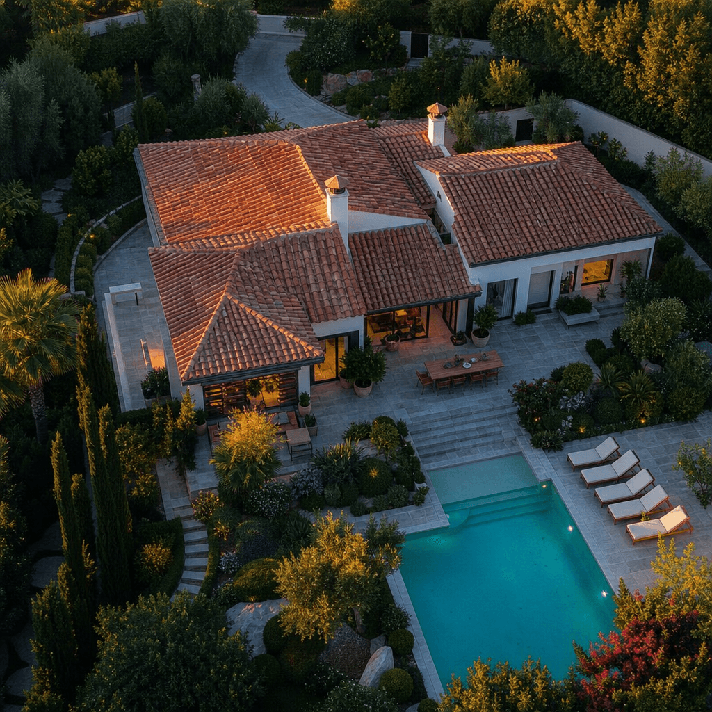 Aerial bird's-eye view of a contemporary single-family home with a turquoise swimming pool, lush Mediterranean landscapi