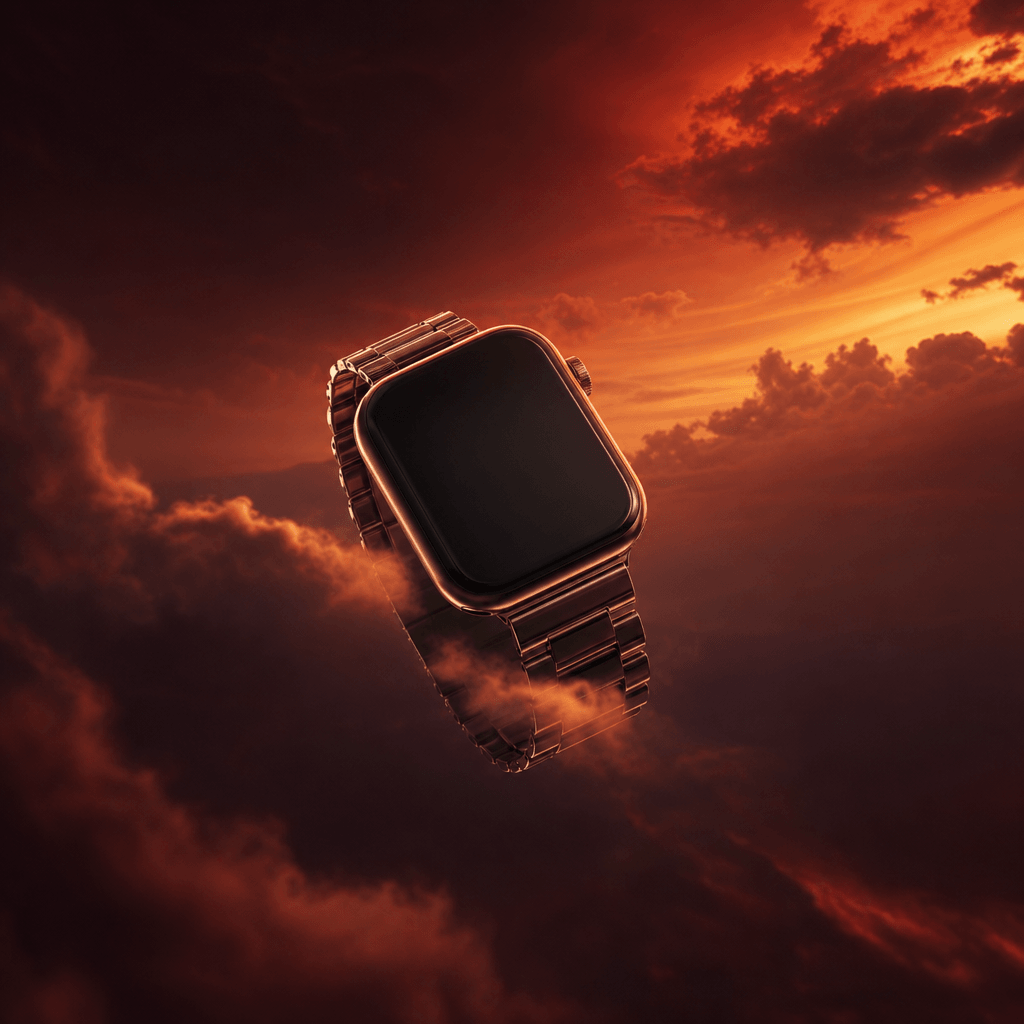 A minimalist smartwatch floating downward through a deep crimson and amber sky, thin clouds curling around the polished 
