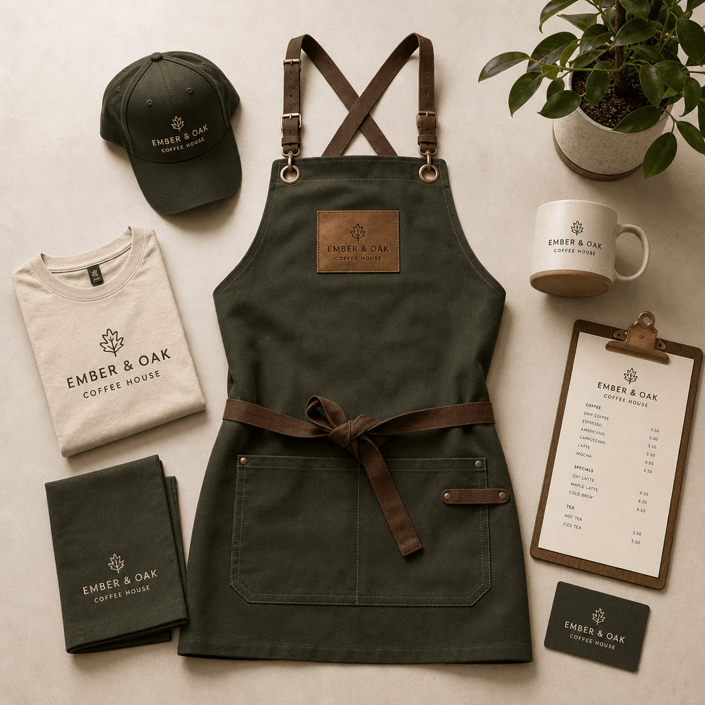 Café apron and accessories set arranged artfully, professional product photography, branding showcase, studio lighting