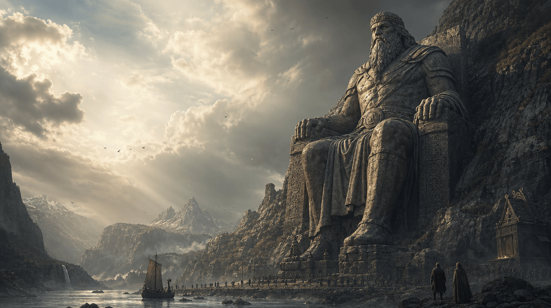 Monumental statue composition in dramatic landscape with cinematic sky showing massive scale and perspective depth