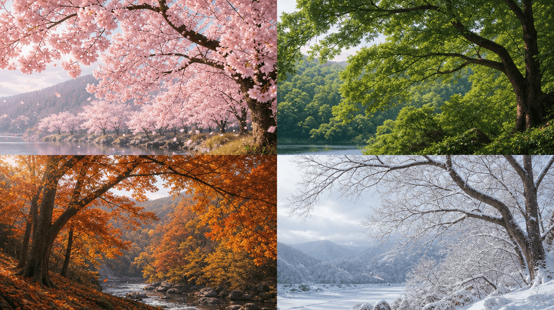 Four landscape quadrants in soft editorial arrangement — top-left cherry blossom pink spring, top-right dense green summ