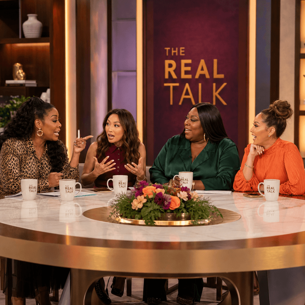 Multiple talk show hosts in dynamic animated conversation, hand gestures and engaged expressions, authentic reactions vi