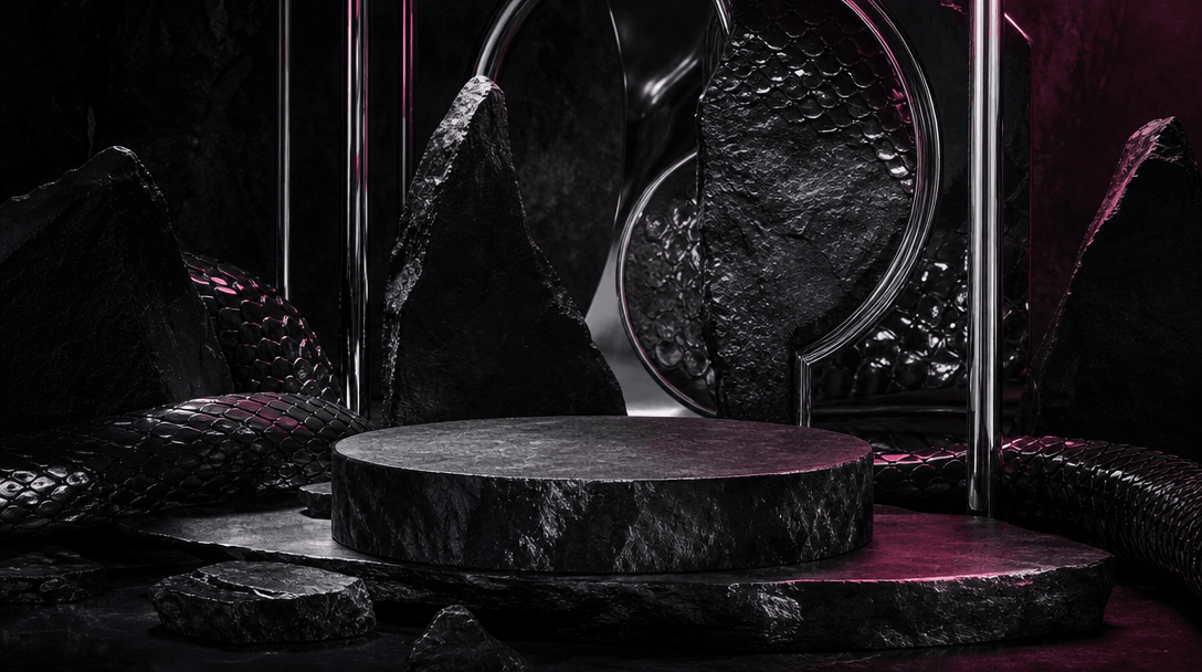 A surreal product photography set built from black stone, polished chrome, and shed serpent-scale textures, empty centra