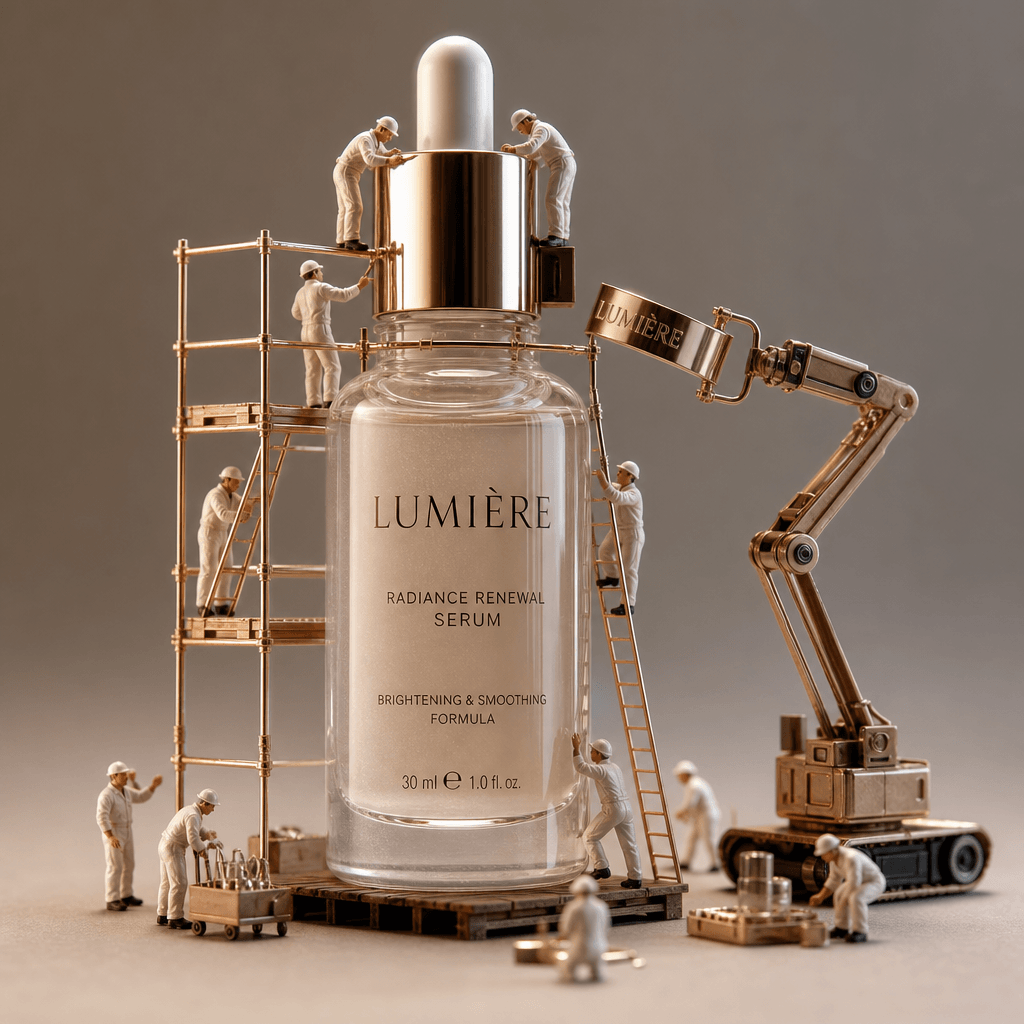 Tiny workers installing components on a skincare bottle, detailed craftsmanship, studio product lighting, high magnifica