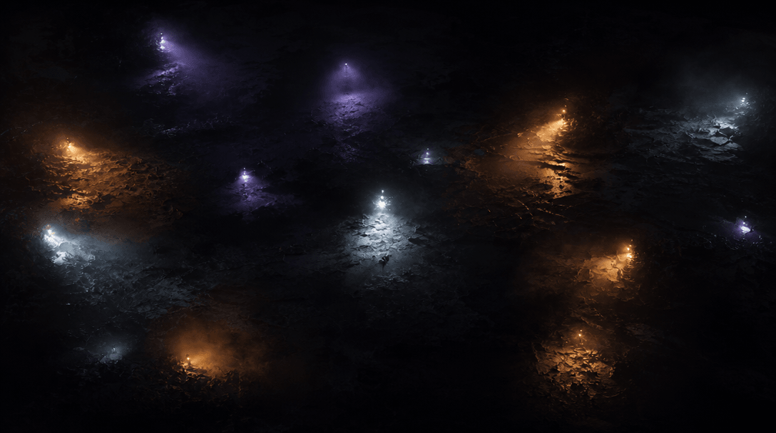Abstract dark landscape overhead view: multiple distinct light sources — amber, cool white, faint violet — scattered acr