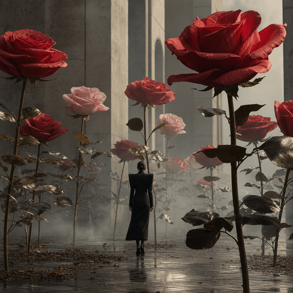 A fashion model shown anonymously from a distance in a structured black outfit, standing among colossal red and blush ro