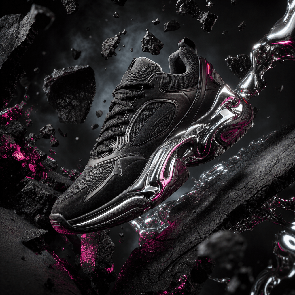 A bold streetwear sneaker balanced between fractured black concrete and reflective chrome, energetic diagonal compositio