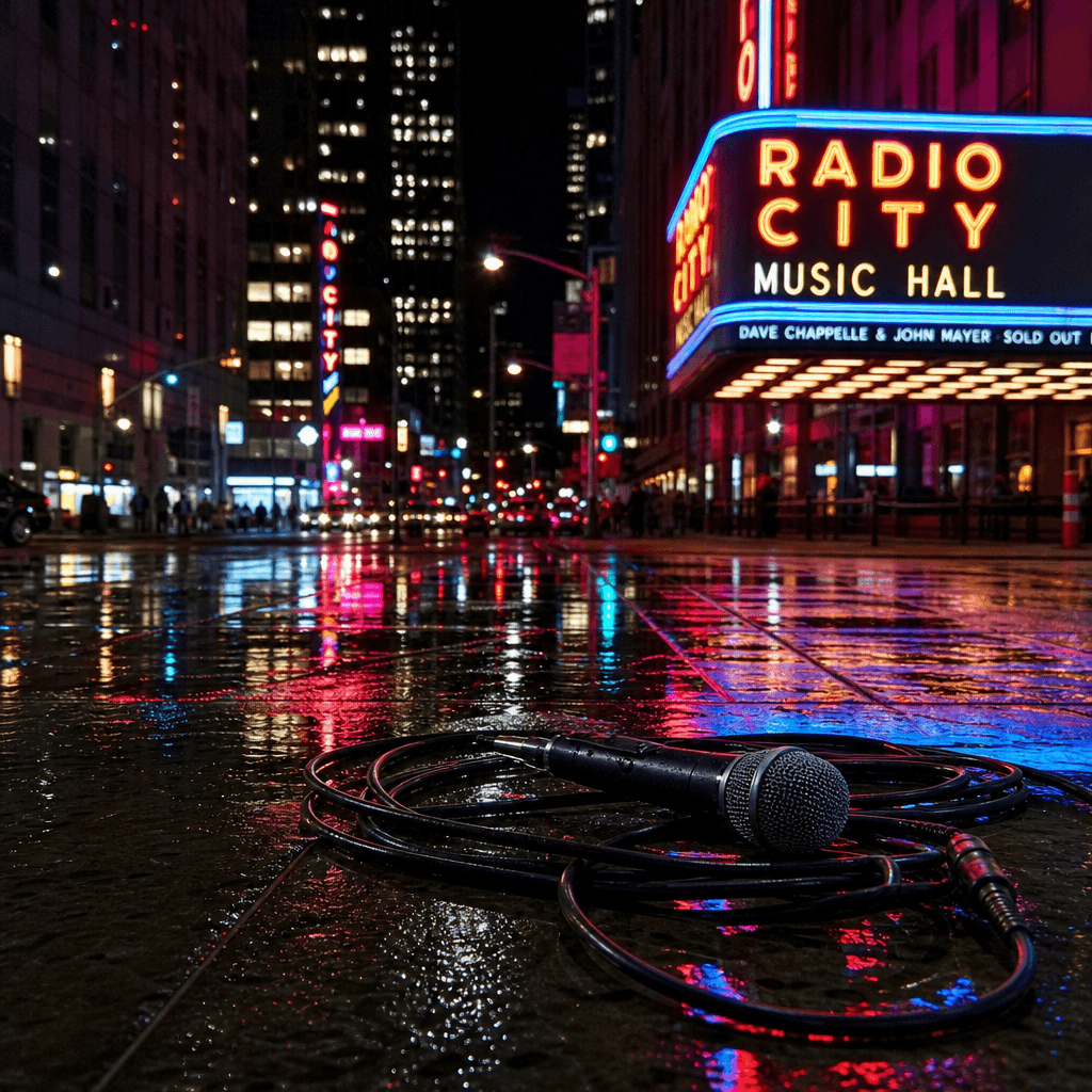 Night city editorial still: neon-lit urban backdrop reflected in wet pavement, microphone cable coiled on glossy ground 