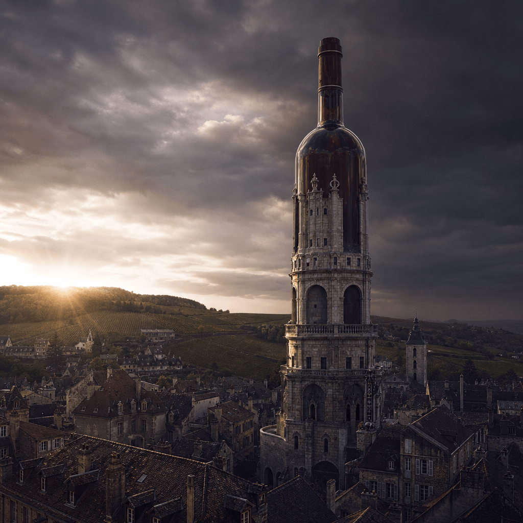 A heritage wine bottle transformed into a grand stone-and-glass tower above an old European city, dawn light cutting thr