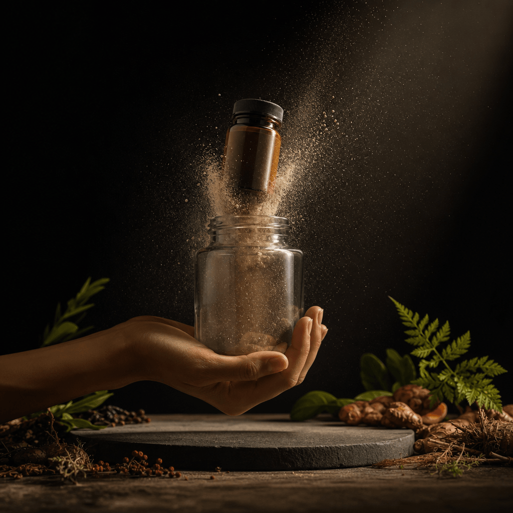 A compact supplement bottle emerging from an oversized glass jar in an anonymous hand, with fine powder particles suspen