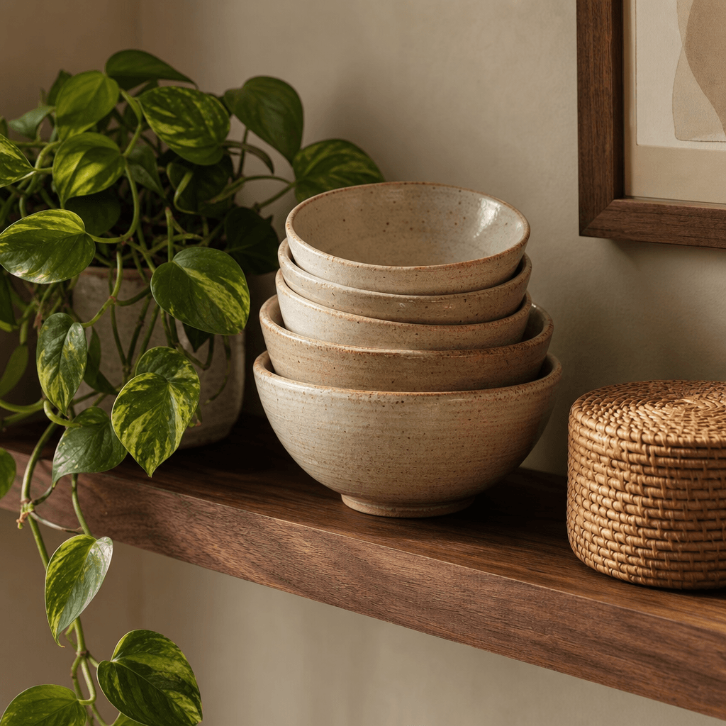 Styled shelf vignette: stacked artisan hand-thrown ceramic bowls in warm sand glaze beside a trailing pothos plant and a