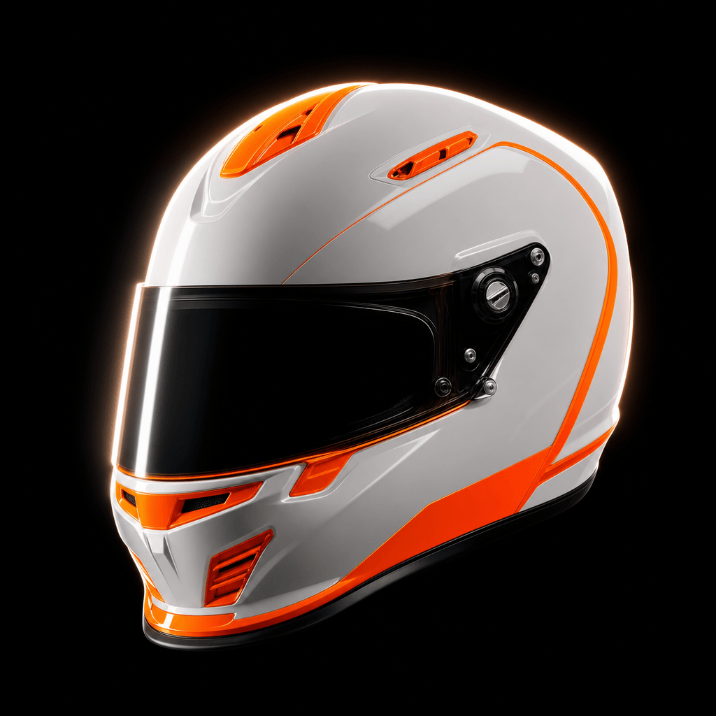 A motorsport racing helmet in gloss white with neon orange accents, captured at a 45-degree orbit position. Pure black v