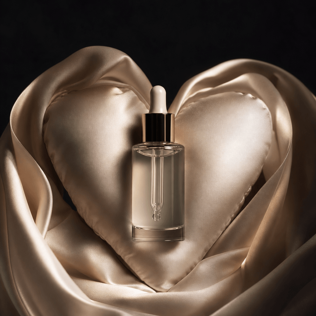 A minimalist glass skincare serum bottle placed on an ivory silk heart pillow, soft folds forming a natural frame around