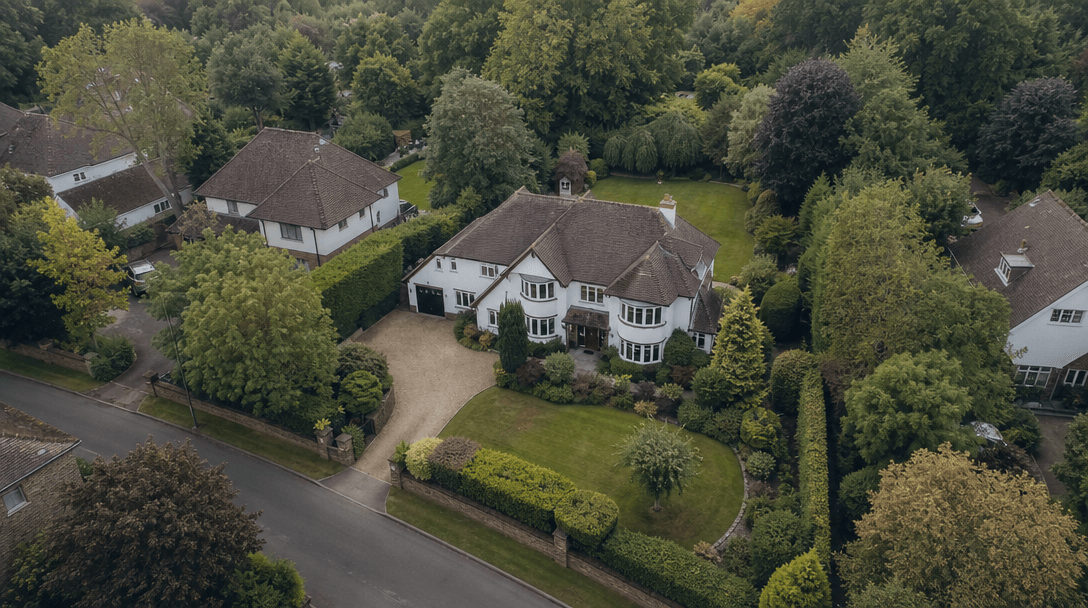 Cinematic wide aerial view of a detached residential property on a quiet leafy suburban street, medium drone altitude sh