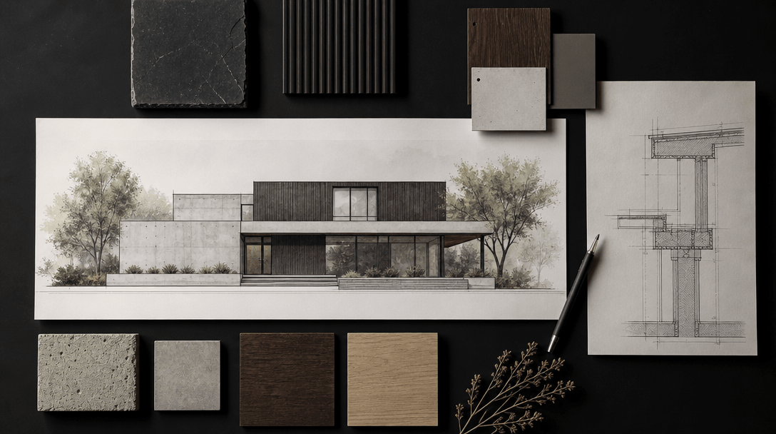 High-quality architectural concept elevation print laid across a dark editorial surface alongside material sample chips 