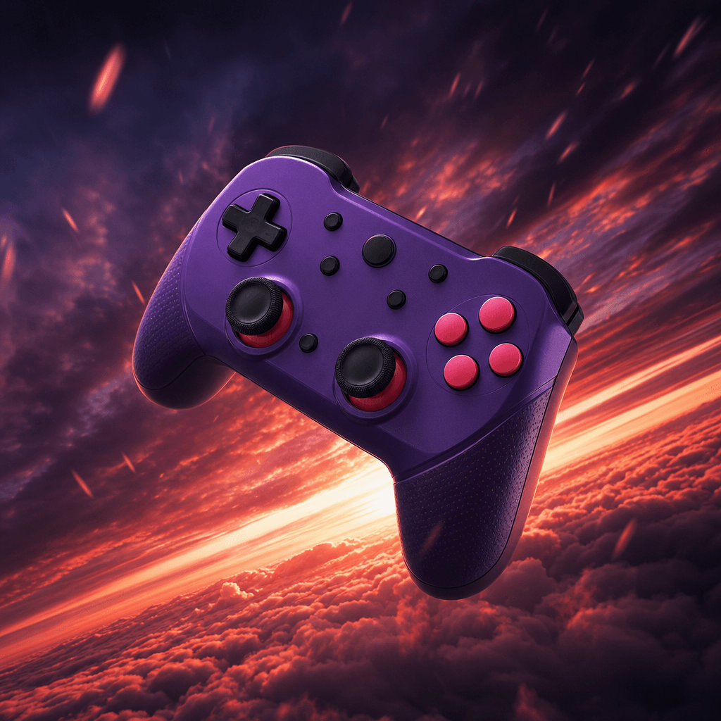 A vibrant portable game controller falling through a moody violet-red sunset with glowing cloud layers below. Strong dia