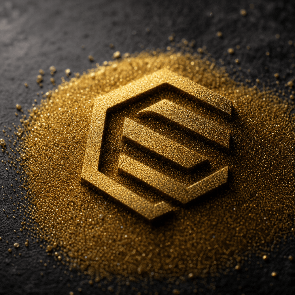 Close-up macro photography of gold sand grains with a tech-forward geometric logo emerging, individual particles catchin