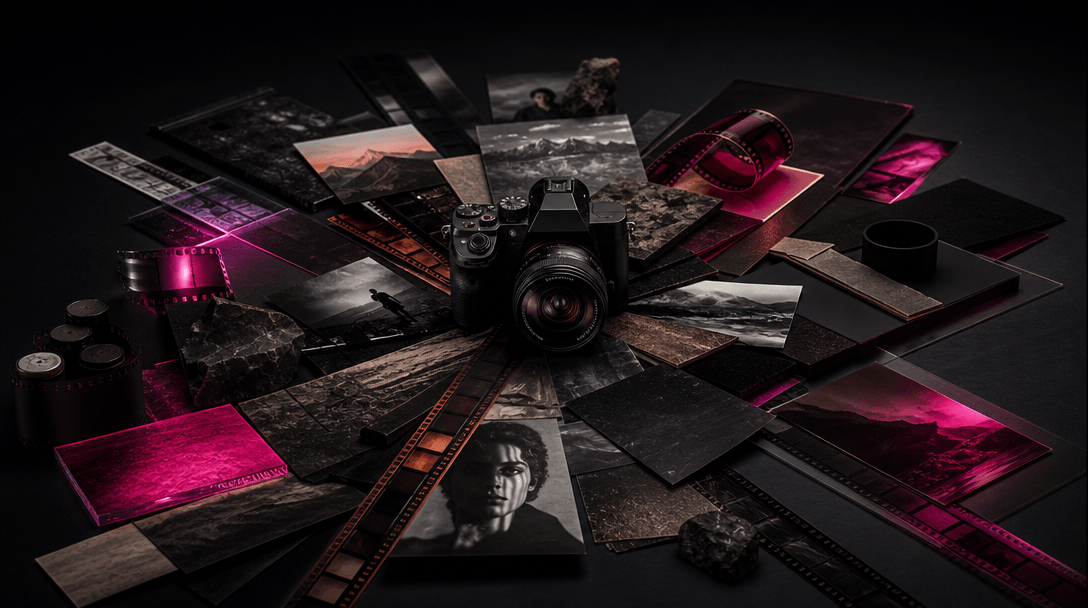 A hero product at the center of an expanding creative world: photographic prints, cinematic film frames, textured materi