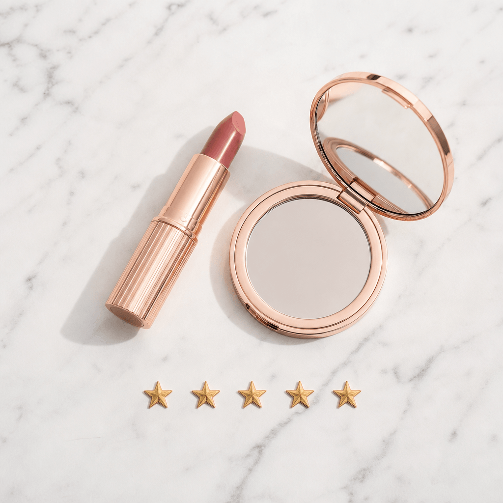 Minimalist beauty product flatlay: a rose-gold lipstick tube and compact mirror resting on white Carrara marble. Soft di
