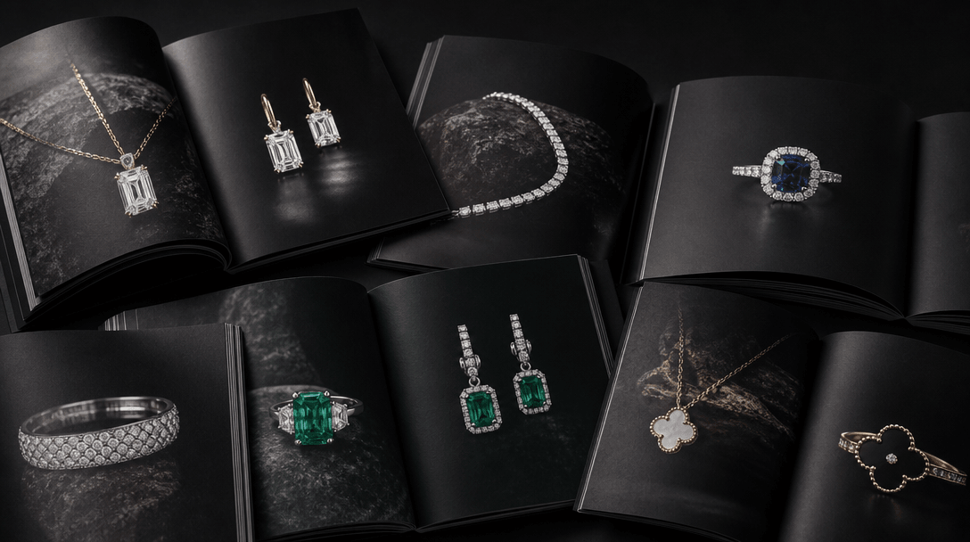 Multiple opened luxury jewelry brand catalog pages fanned out across a dark matte surface, each page showing high-contra
