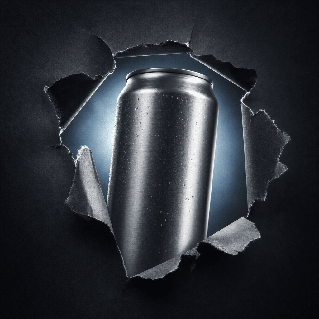 A sleek aluminium energy drink can emerging through a ripped paper reveal on a dark surface. Dramatic cool studio backli