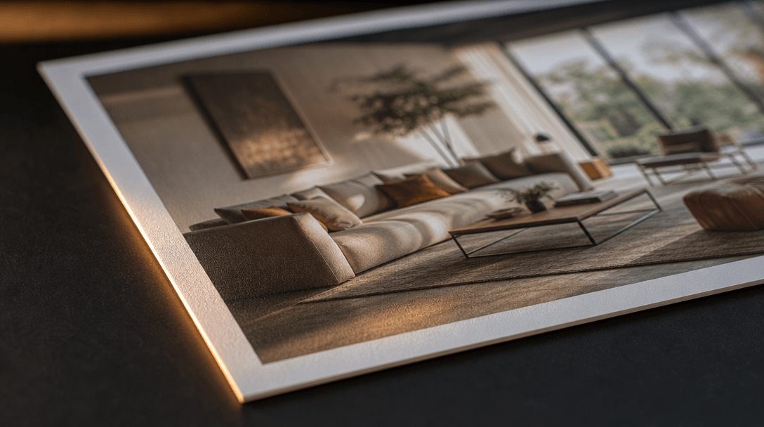 Close-up macro photograph of a single high-quality interior print lying on a smooth dark matte surface. Soft directional