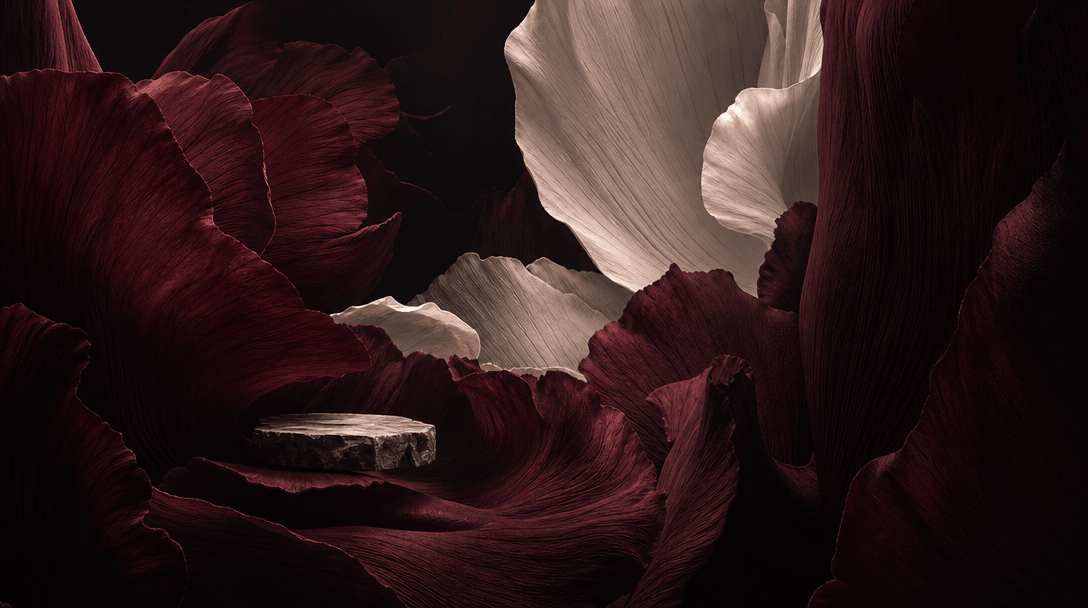 An abstract landscape of enormous overlapping flower petals forming architectural valleys and towering ridges, a tiny st