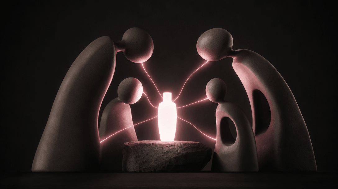 An abstract visual metaphor for human connection: several sculptural forms leaning toward a luminous product silhouette 