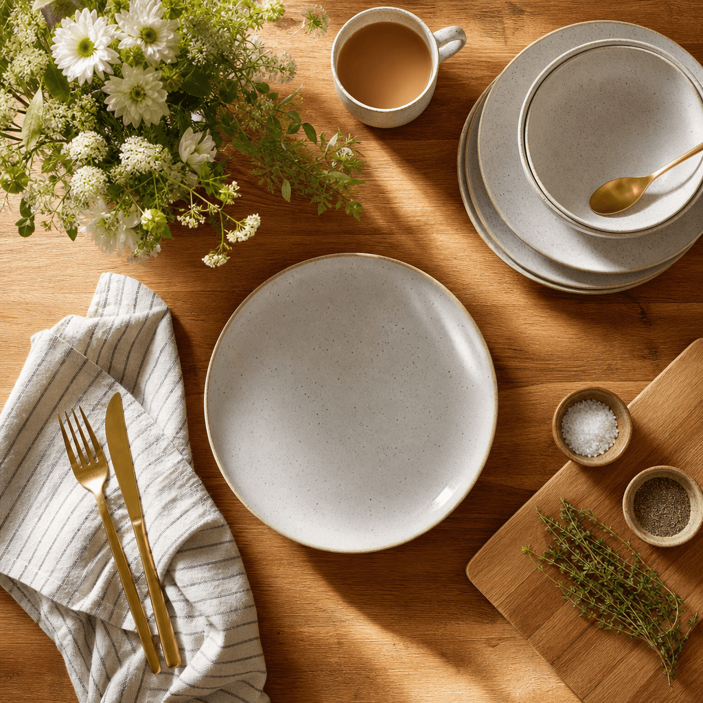 Cozy wooden kitchen counter with ceramic dinnerware and fresh flowers. Natural morning light streaming across warm-toned