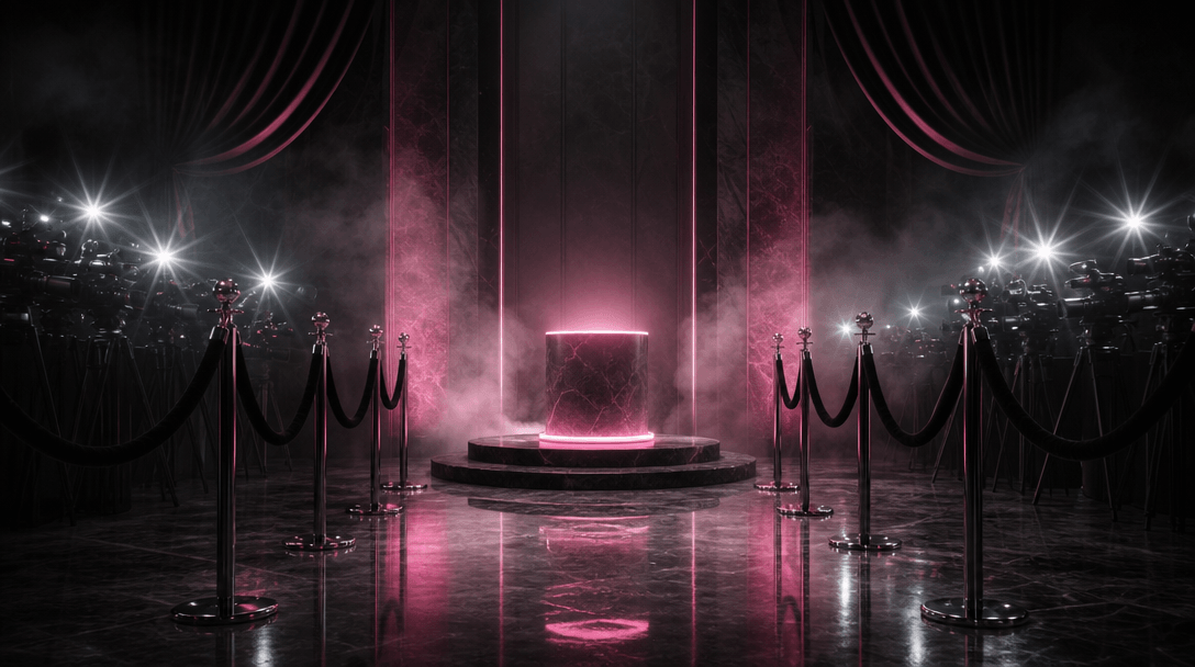 An empty premiere-inspired environment built from black velvet barriers, polished stone, camera flashes, and drifting ha