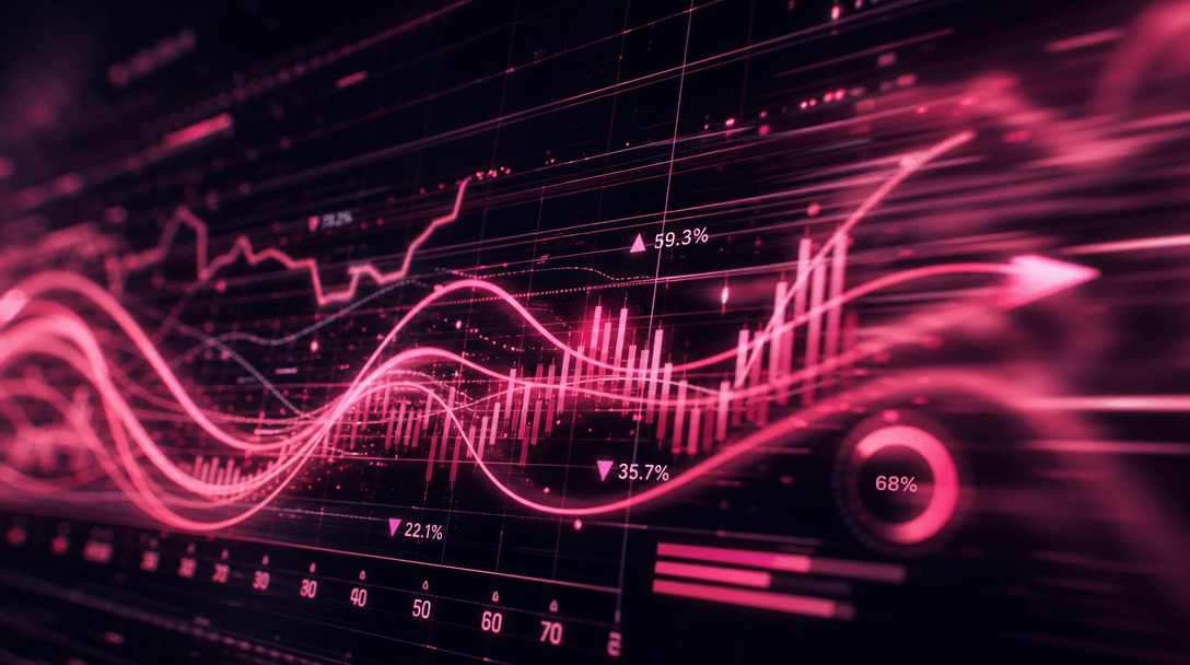 Close-up of morphing chart elements, data points flowing and transforming, glowing pink lines on dark background, fast m