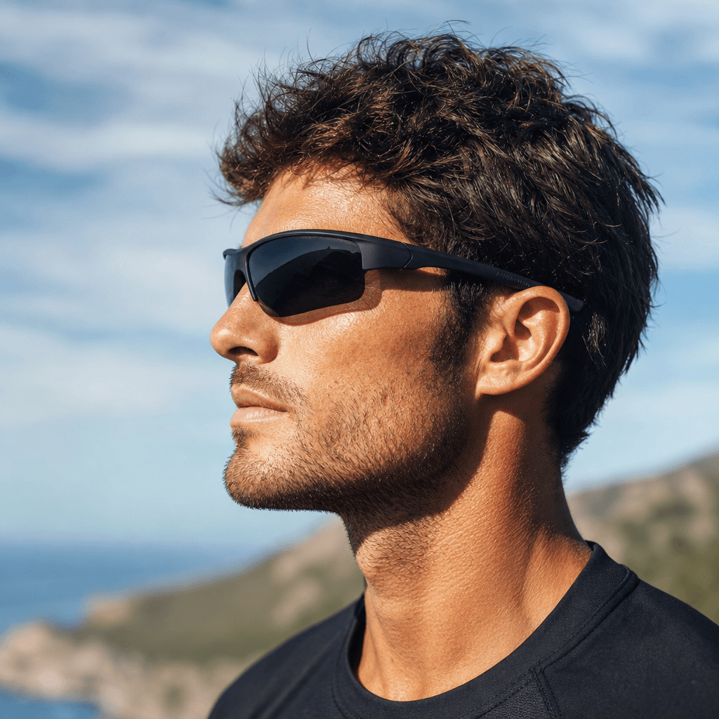 Side-profile portrait of a man wearing sporty wraparound matte-black sunglasses, bright natural outdoor light suggesting