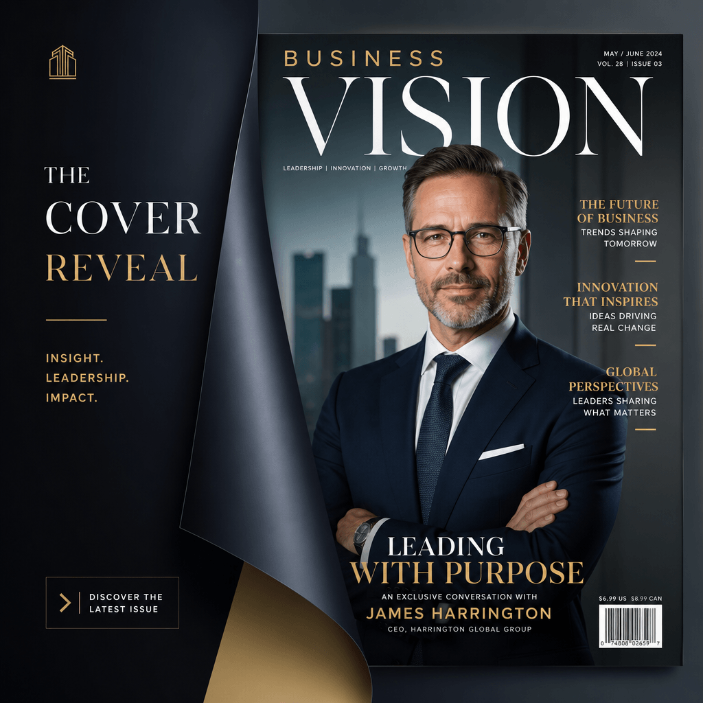 Business magazine reveal animation, executive profile cover, elegant typography, professional color scheme, corporate br