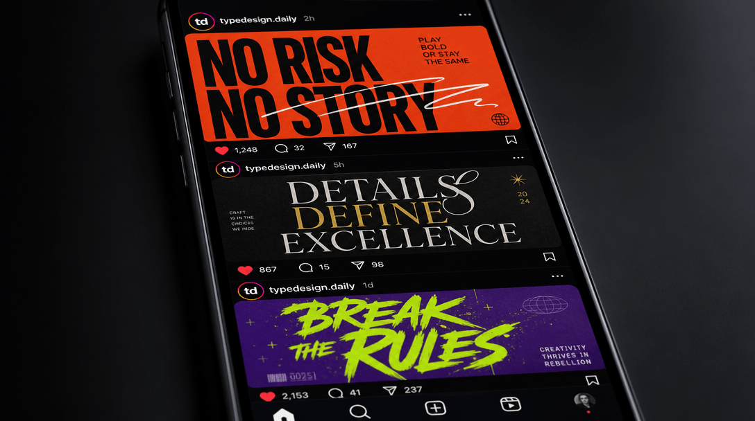Close-up of smartphone screen showing a social media feed with 3 stylish typography posters, each distinct in design, vi