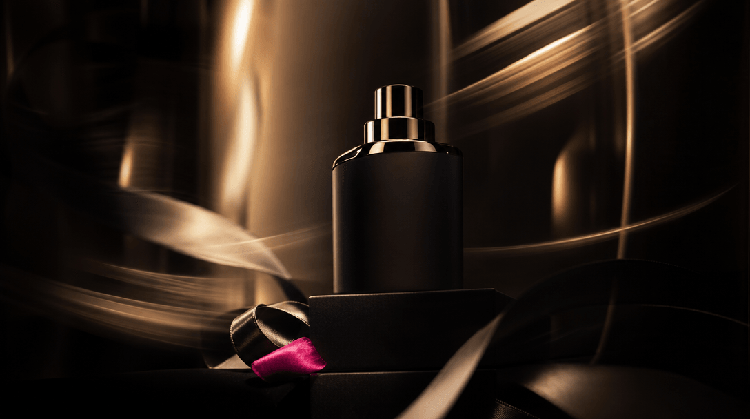 A luxury product silhouette surrounded by controlled ribbons of motion blur and warm elevator light, dark editorial comm