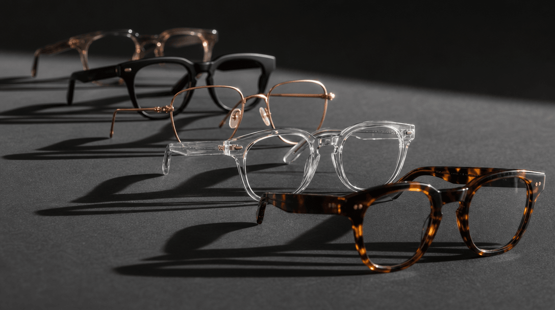 Abstract arrangement of premium eyewear frames in a spectrum of materials — tortoiseshell acetate, crystal clear plastic