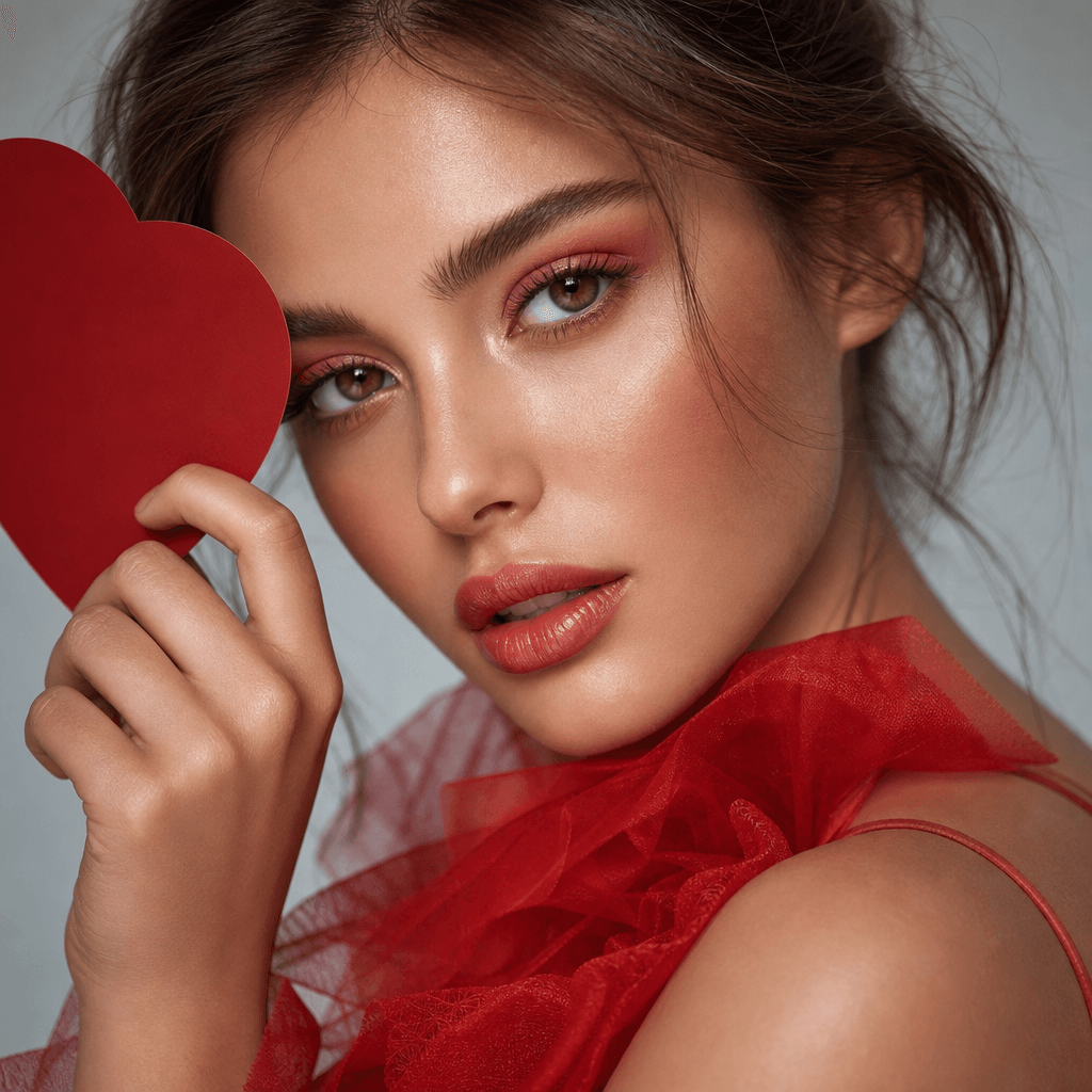 Editorial beauty closeup with heart prop element, soft focus background, professional lighting, luxury fashion magazine 