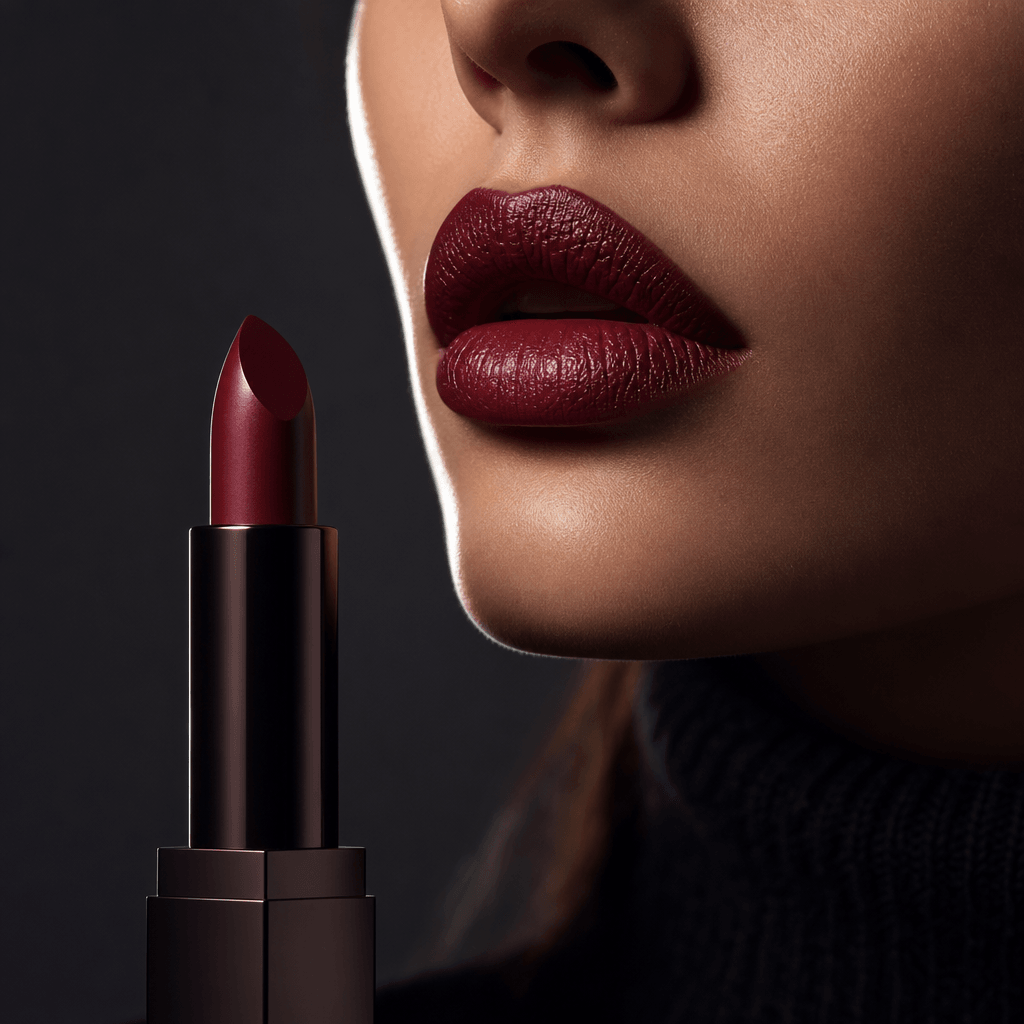 Square editorial beauty close-up featuring deep burgundy lips with subtle gloss and realistic texture, an unbranded matc