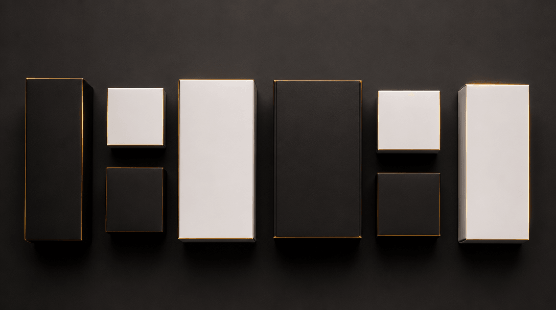 A row of premium product boxes in matte black and white arranged in a precise dark editorial flat lay, warm gold rim lig